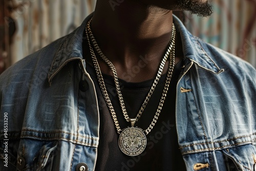 a man wearing a denim jacket and a necklace with a lion medallion on it photo