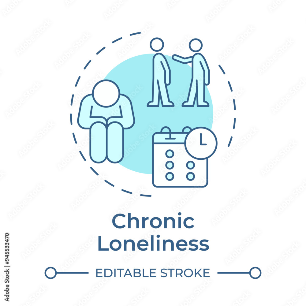 Chronic loneliness soft blue concept icon. Depression, anxiety. Solitude, melancholy. Round shape line illustration. Abstract idea. Graphic design. Easy to use in infographic, presentation Chronic loneliness soft blue concept icon. Depression, anxiety. Solitude, melancholy. Round shape line illustration. Abstract idea. Graphic design. Easy to use in infographic, presentation