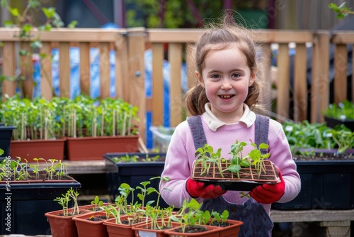 Working As A Team A front view of a little girl holding up a tray of seedlings and looking towards the camera. She is smiling and is looking forward to being involved in helping in the school garden i photo