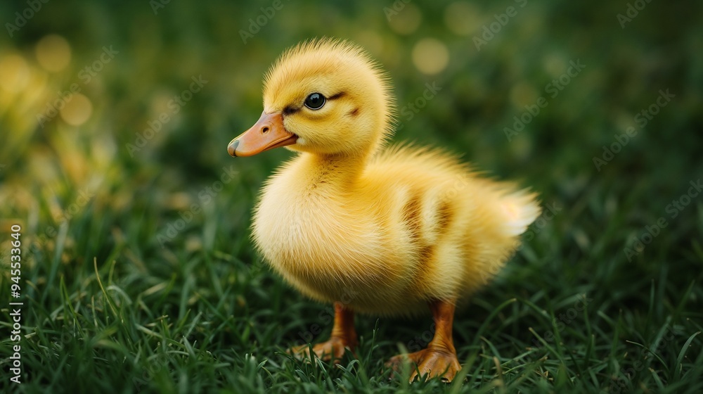 A little, fluffy yellow duckling is standing in the green grass A little, fluffy yellow duckling is standing in the green grass