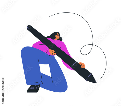 Digital artist holding stylus for designing and drawing. Creative woman, professional illustrator, designer with electronic pen, creating line. Flat vector illustration isolated on white background