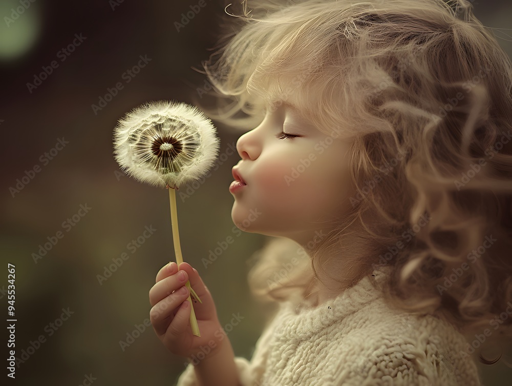 Child Blowing a Dandelion in a Softly Lit Garden Child Blowing a Dandelion in a Softly Lit Garden