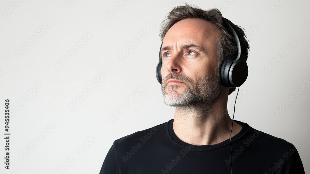 A side profile of a man with headphones on, appearing to enjoy music deeply. He wears a black shirt with a plain background, exemplifying simplicity and modernity. A side profile of a man with headphones on, appearing to enjoy music deeply. He wears a black shirt with a plain background, exemplifying simplicity and modernity.
