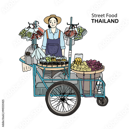 Street food in Thailand, street food seller. Hand drawn style vector illustration