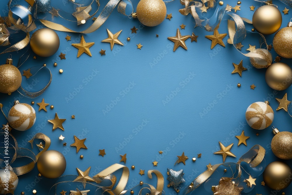 A blue background with gold and silver stars and balls. The stars are scattered around the frame and the balls are in the center A blue background with gold and silver stars and balls. The stars are scattered around the frame and the balls are in the center
