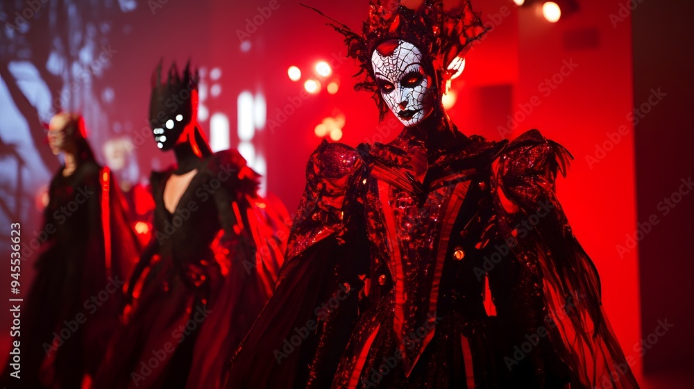 Halloween-themed 3D fashion show with models in detailed costumes highlighted by intense lighting Halloween-themed 3D fashion show with models in detailed costumes highlighted by intense lighting