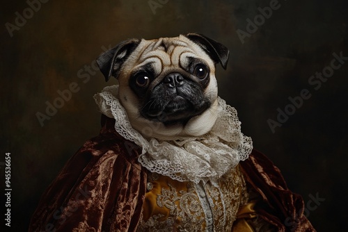 A dignified pug dressed in rich antique attire, with a fancy white lace ruff, exuding an air of nobility and reminiscent of an era of grandeur and elegance.