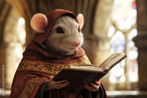 A wise mouse dressed in scholarly robes holds an open book in an ornate, historied library, evoking themes of knowledge, wisdom, and the pursuit of learning. photo