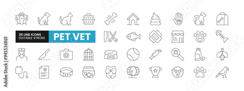 Set of 36 Pet Vet line icons set. Pet Vet outline icons with editable stroke collection. Includes Dog, Cat, Hamster, Pet Food, Surgery, and More.