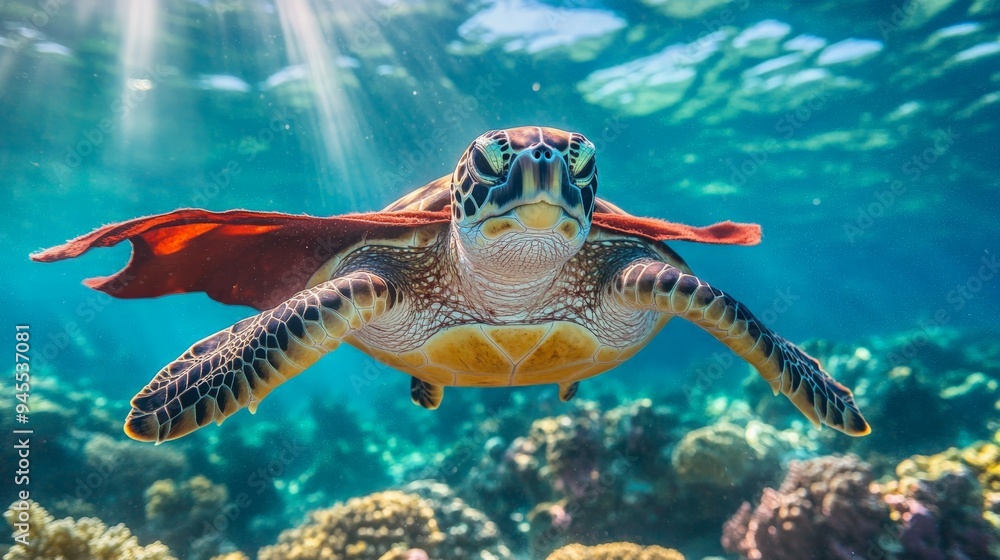 Fototapeta premium An adventurous turtle wearing a cape is swimming underwater with beautiful coral formations and sunlight filtering through the water, showcasing underwater bravery and exploration.