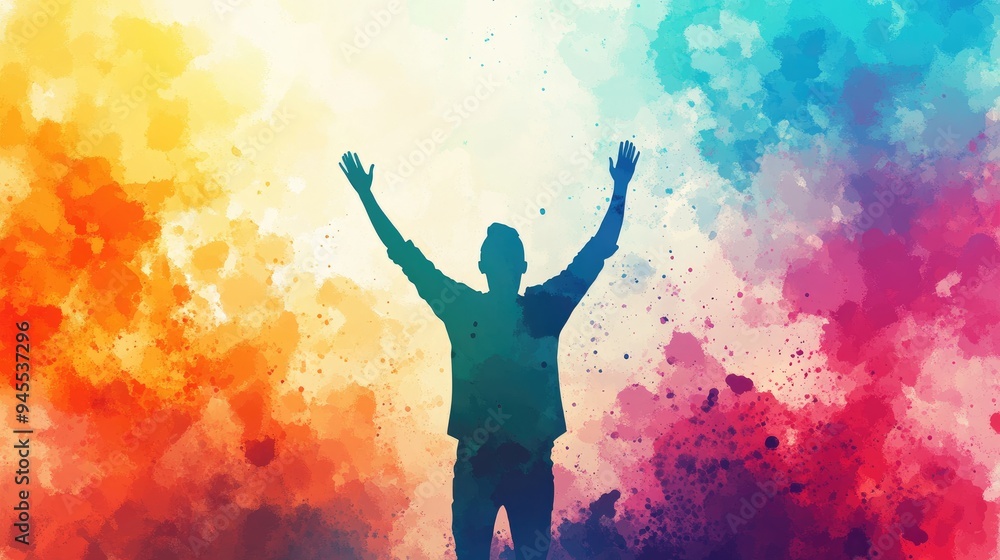 Joyful Silhouette of Person with Arms Raised Against Vibrant Watercolor Splash Background. Expression of Celebration and Joy Joyful Silhouette of Person with Arms Raised Against Vibrant Watercolor Splash Background. Expression of Celebration and Joy