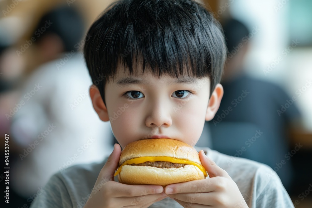 A young boy, holding a sandwich with both hands, is captured in a candid moment of joy and carefreeness, savoring a simple, satisfying meal indoors. A young boy, holding a sandwich with both hands, is captured in a candid moment of joy and carefreeness, savoring a simple, satisfying meal indoors.