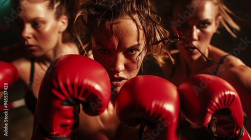 Determined female boxer with red gloves in a boxing stance, ready to fight in a boxing ring. photo