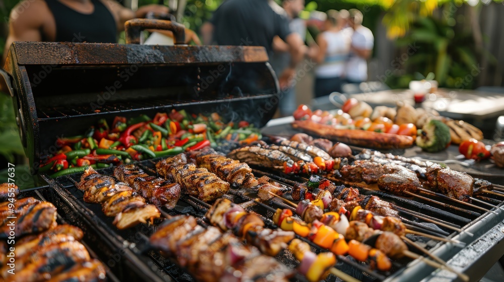 A group of friends enjoying a barbecue in their backyard, with various meats and vegetables grilled on a large grill. A group of friends enjoying a barbecue in their backyard, with various meats and vegetables grilled on a large grill.