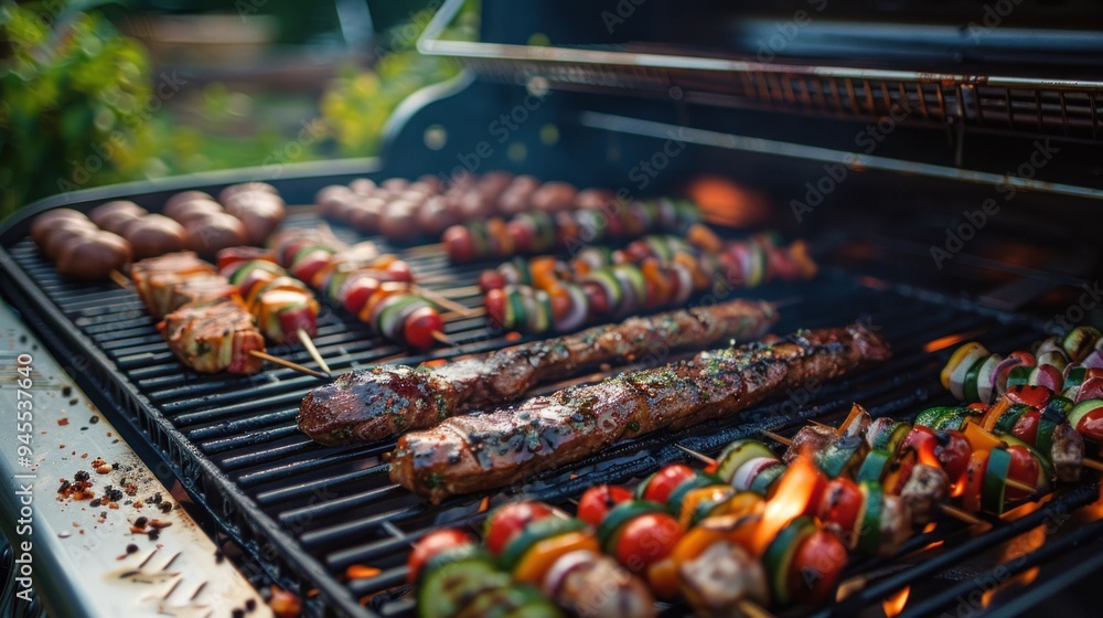 A group of friends enjoying a barbecue in their backyard, with various meats and vegetables grilled on a large grill. A group of friends enjoying a barbecue in their backyard, with various meats and vegetables grilled on a large grill.