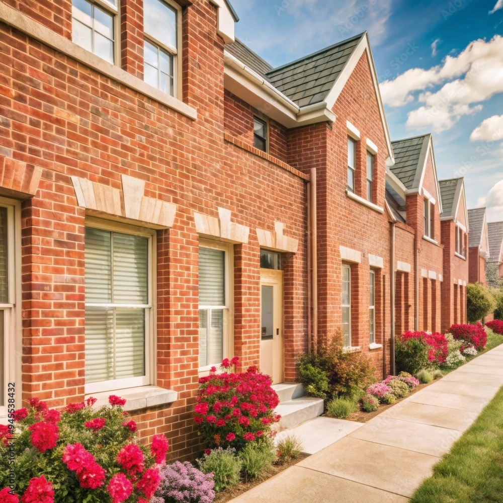 A row of brick houses with awnings and awnings on the front A row of brick houses with awnings and awnings on the front