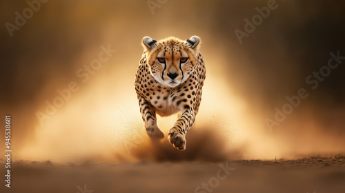 A cheetah is running through the desert, kicking up dust as it goes