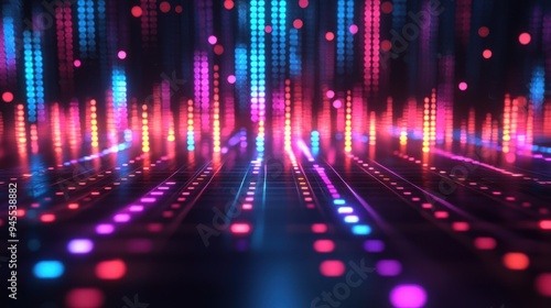 Futuristic 3D Equalizer Bars in a Vibrant Dark Environment - High-Tech Background Music Visualization