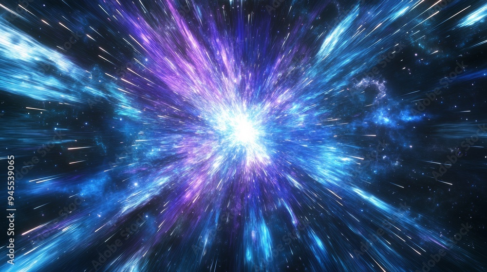 Futuristic Energy Burst. Blue, Purple, and White Light in Cosmic Space Futuristic Energy Burst. Blue, Purple, and White Light in Cosmic Space