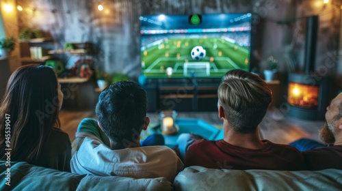 A group of people are watching a soccer game on a television in a living room