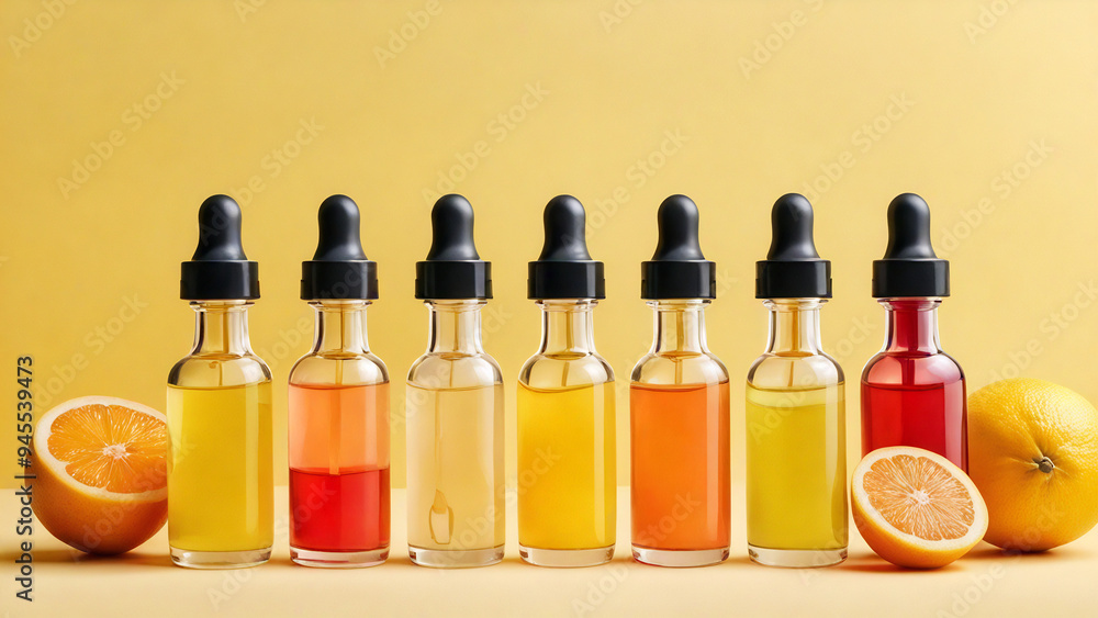 Essential oil bottles with citrus slices, bokeh Essential oil bottles with citrus slices, bokeh