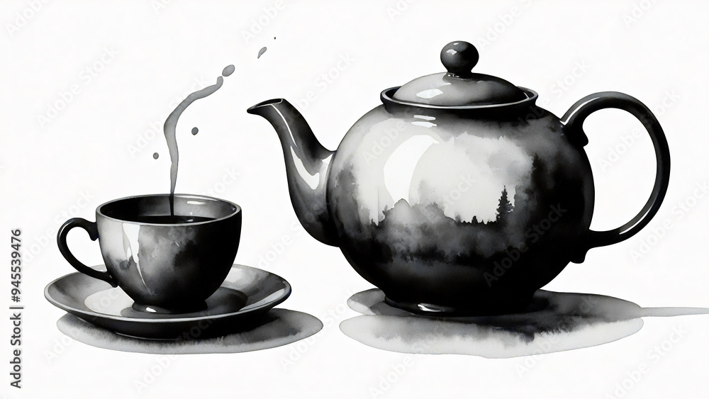 Simplistic coal drawing of teapot and cup Simplistic coal drawing of teapot and cup