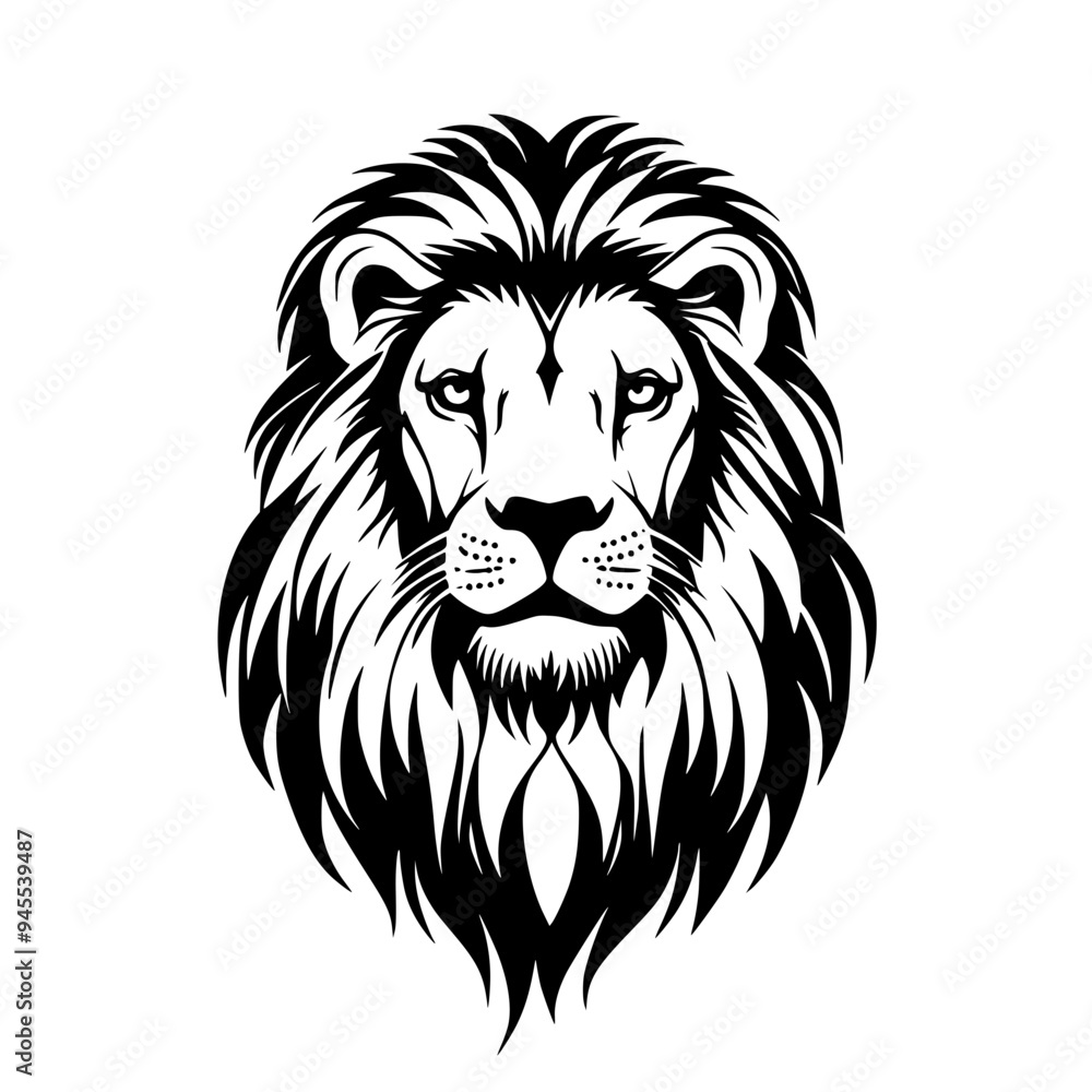 Fototapeta premium Lion Silhouette with Majestic Mane, Black and white silhouette of a lion with a detailed and majestic mane, symbolizing strength, power, and royalty. 