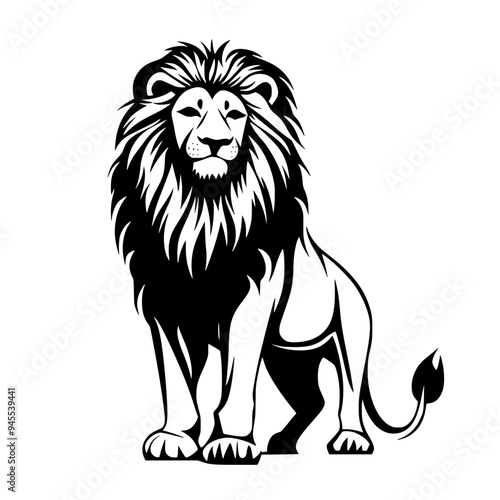 Lion Silhouette with Majestic Mane, Black and white silhouette of a lion with a detailed and majestic mane, symbolizing strength, power, and royalty.
