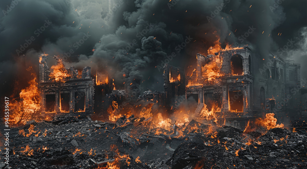 A pile of building ruins, black transparent background, burning flames and smoke. Generative AI. A pile of building ruins, black transparent background, burning flames and smoke. Generative AI.