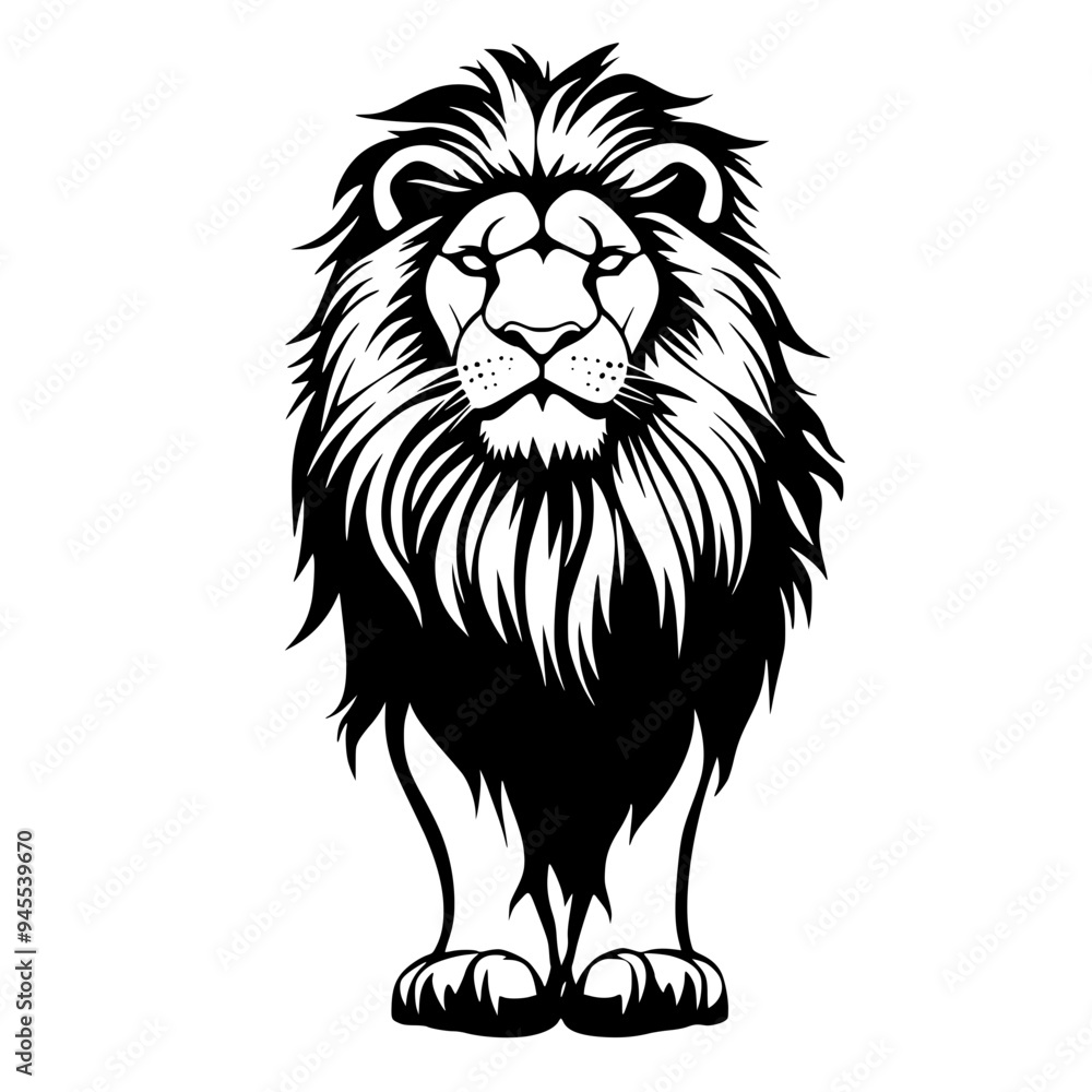 Obraz premium Lion Silhouette with Majestic Mane, Black and white silhouette of a lion with a detailed and majestic mane, symbolizing strength, power, and royalty. 