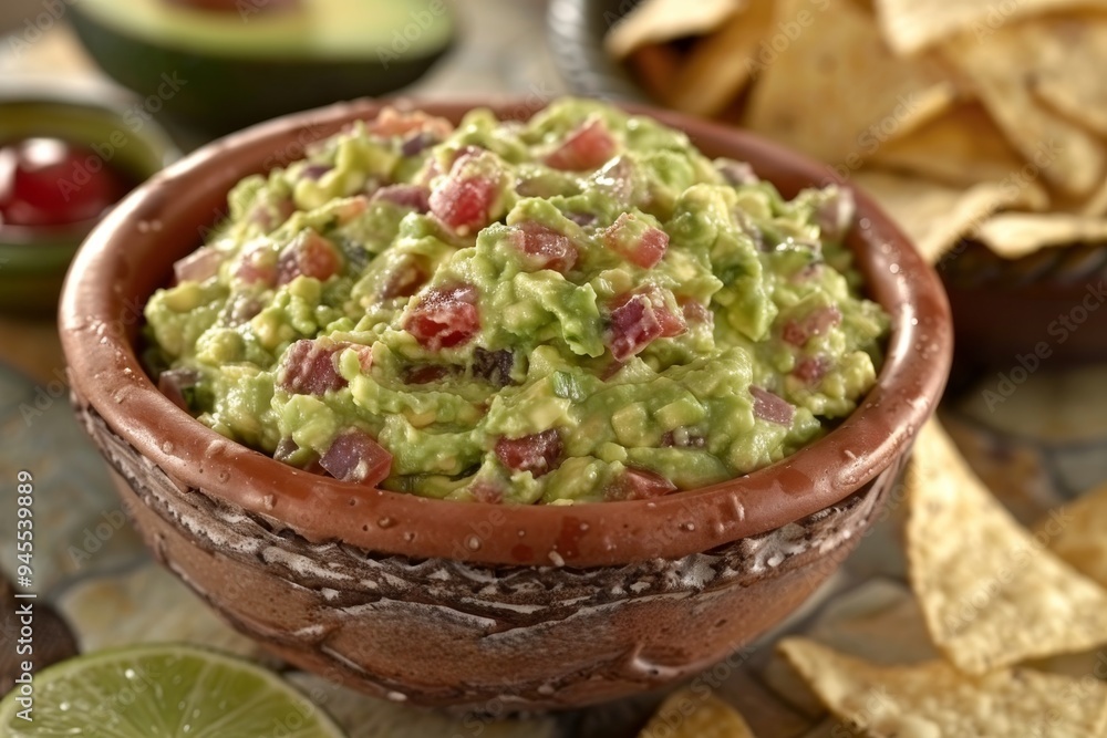 Bowl of Guacamole Decorated with Chunks of Watermelon-Radish. Served with Tortilla Chips Bowl of Guacamole Decorated with Chunks of Watermelon-Radish. Served with Tortilla Chips