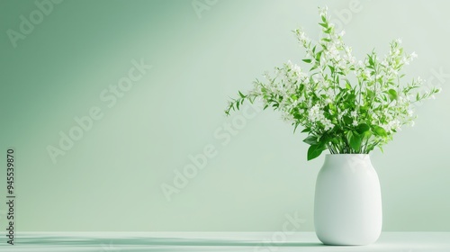 Elegant Minimal White Vase with Fresh Greenery on a Pastel Green Background, Ideal for Clean, Modern Decor