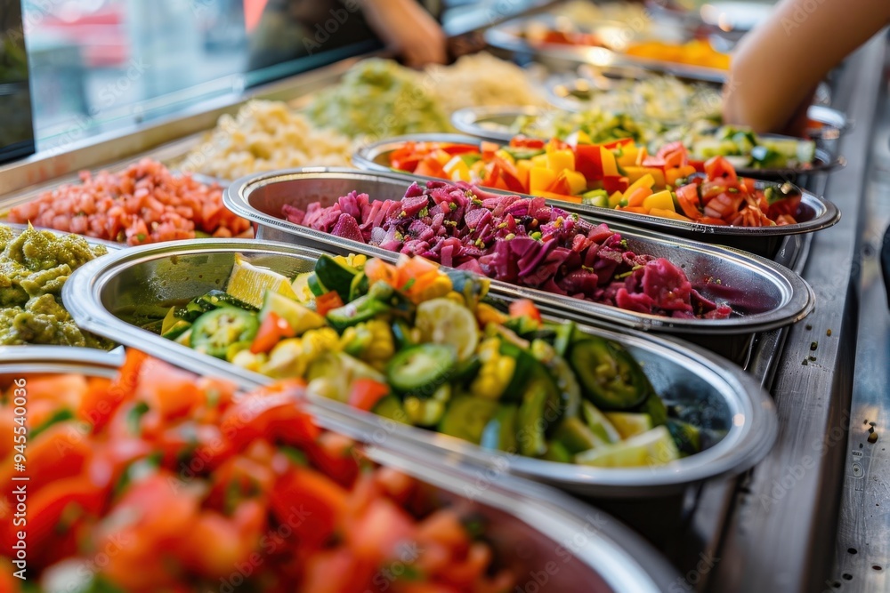 Close-up on a salad bar at a street food restaurant Close-up on a salad bar at a street Mexican food restaurant - food service concepts Close-up on a salad bar at a street food restaurant Close-up on a salad bar at a street Mexican food restaurant - food service concepts