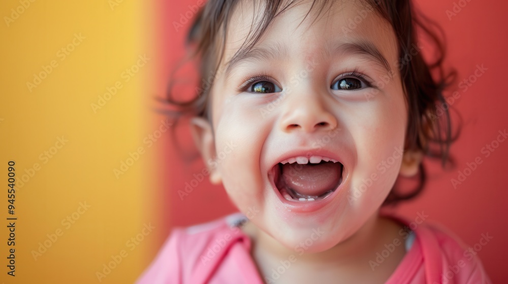 A cheerful toddler beams with happiness, showcasing a large smile while surrounded by vibrant colors in a playful atmosphere. Generative AI A cheerful toddler beams with happiness, showcasing a large smile while surrounded by vibrant colors in a playful atmosphere. Generative AI