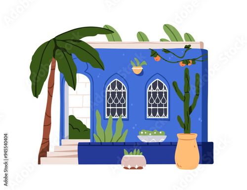 Moroccan architecture, traditional house with arched doors and windows. Morocco, Marrakech home exterior. Building in Marrakesh, Berber style. Flat vector illustration isolated on white background