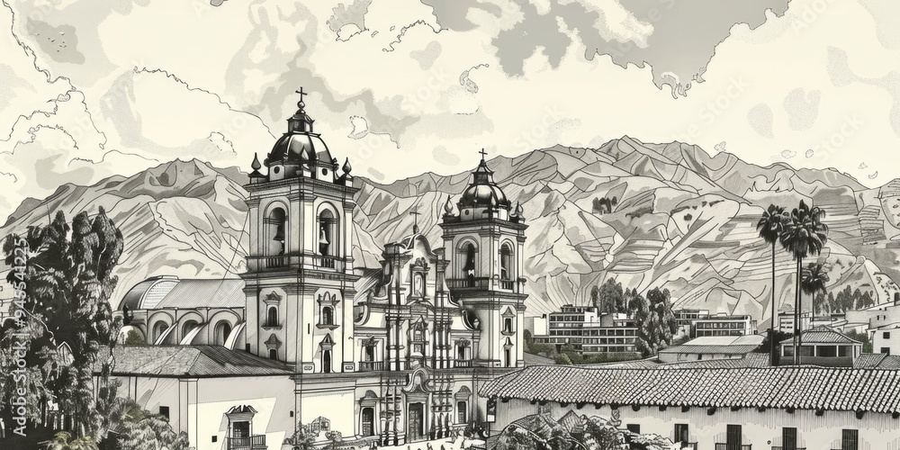 A black and white drawing of a cityscape with mountains visible in the distance A black and white drawing of a cityscape with mountains visible in the distance