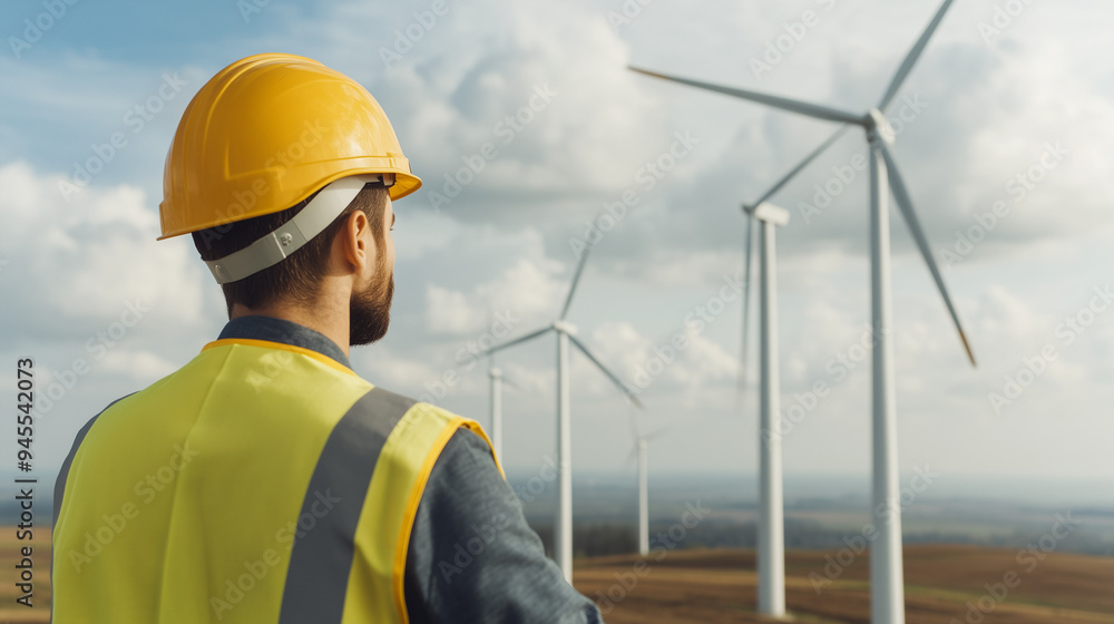Wind turbine engineer inspecting construction site in yellow hardhat and safety gear Wind turbine engineer inspecting construction site in yellow hardhat and safety gear