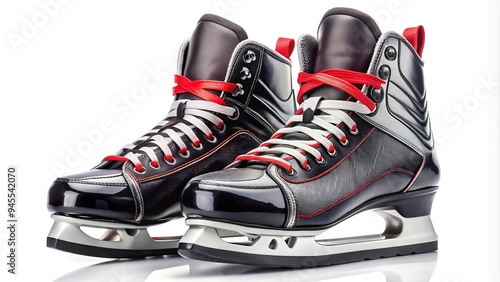 Shiny black ice hockey skates with silver blades and red laces, isolated on a white background, ready for action on the frozen rink.