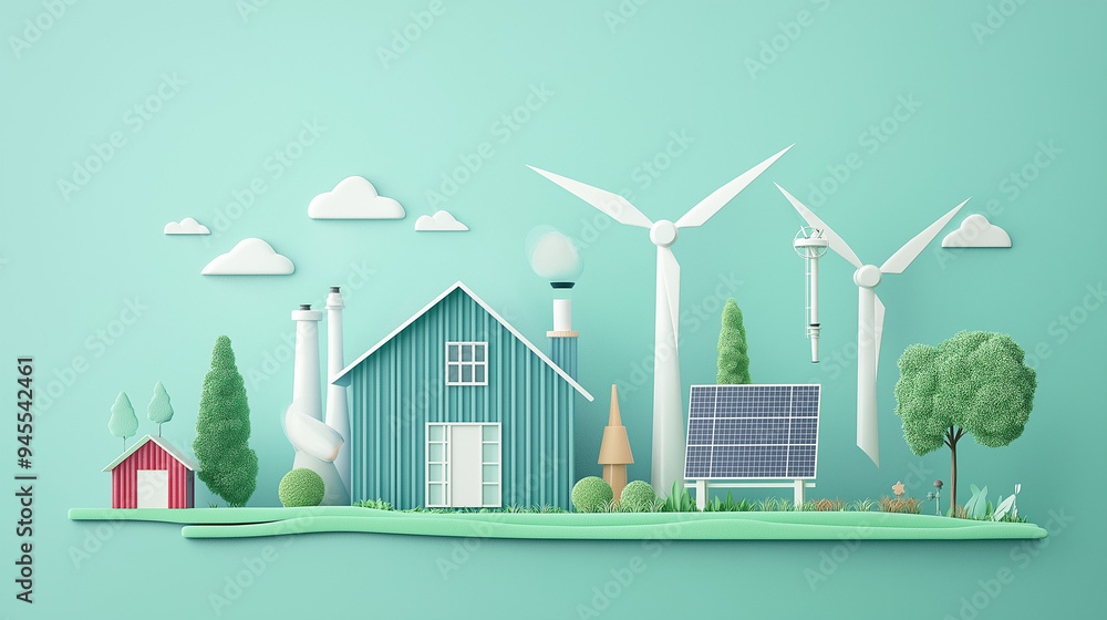 Grafik Einfamilienhaus mit Solaranlage und Windrad grüne Wiese 1d Grafik Darstellung für Kind Generative AI Grafik Einfamilienhaus mit Solaranlage und Windrad grüne Wiese 1d Grafik Darstellung für Kind Generative AI