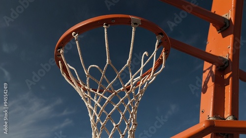 a basketball hoop with a red rim, on which there is a whist net, against a blue sky background photo