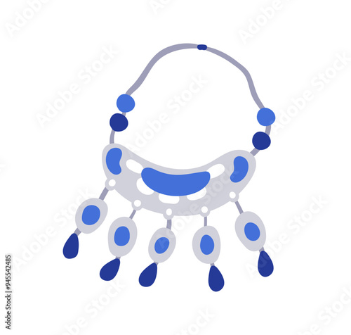 Necklace jewelry accessory. Blue gem stone pendant. Decorative beads, handmade gemstone charm in Moroccan ethnic traditional bohemian style. Flat vector illustration isolated on white background