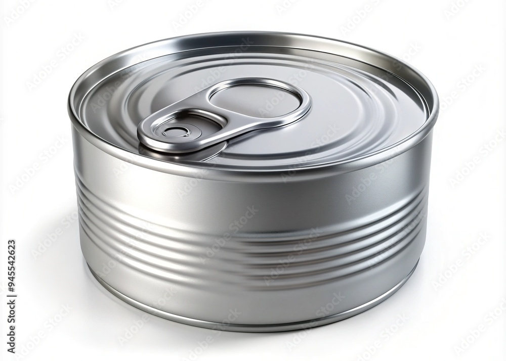 Shiny silver can with rounded edges and popped-top lid, isolated on a white background, perfect for product or packaging design representations. Shiny silver can with rounded edges and popped-top lid, isolated on a white background, perfect for product or packaging design representations.