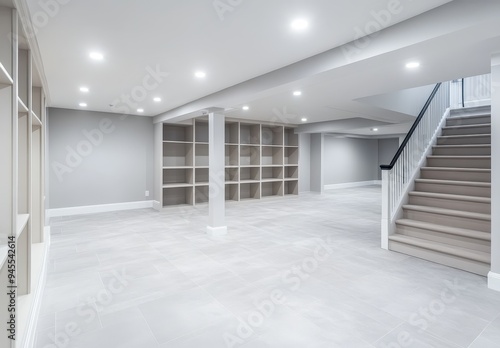 Modern Basement Design with Open Space and Built-in Shelving