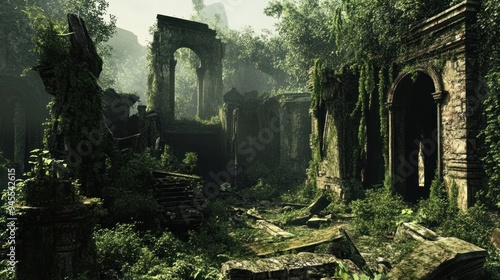 Ancient Ruins Overgrown with Lush Vegetation