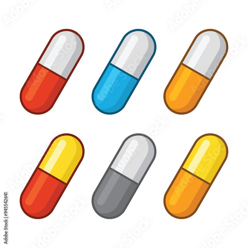 Color Medical Pill Icon Set. Capsules and Vitamins. Vector