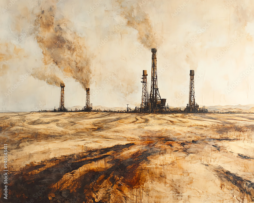Spewing Oil Rigs Oil rigs spewing smoke into a hazy sky, a powerful and evocative ...