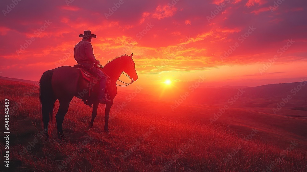 silhouette of a lone cowboy on horseback against a dramatic sunset sky with rolling plains and distant mountains creating a cinematic western landscape silhouette of a lone cowboy on horseback against a dramatic sunset sky with rolling plains and distant mountains creating a cinematic western landscape