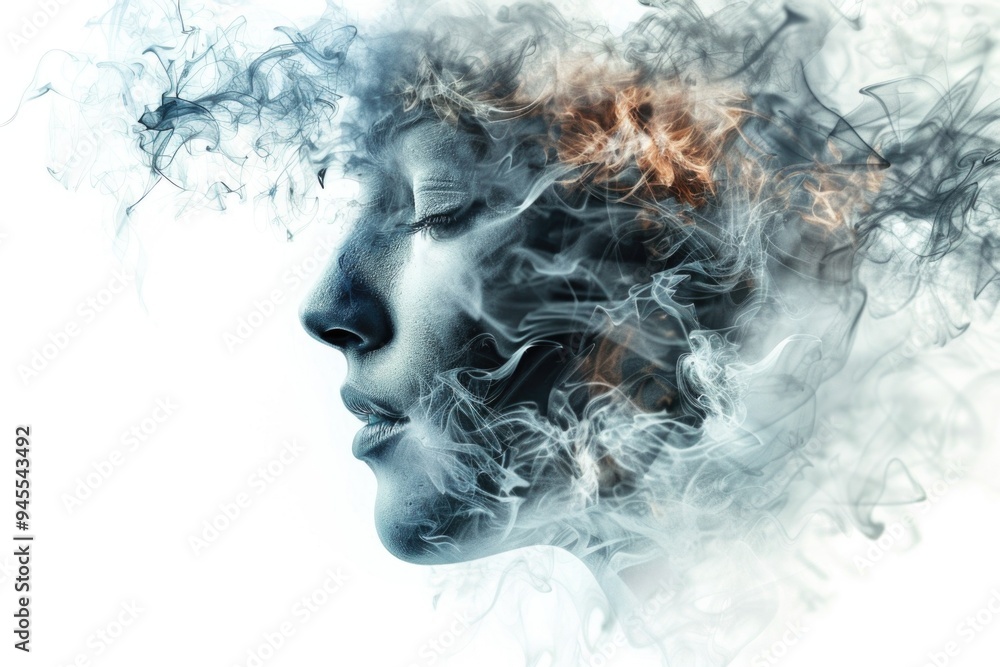 A close-up of a person's face with smoke emerging from their mouth and nostrils A close-up of a person's face with smoke emerging from their mouth and nostrils