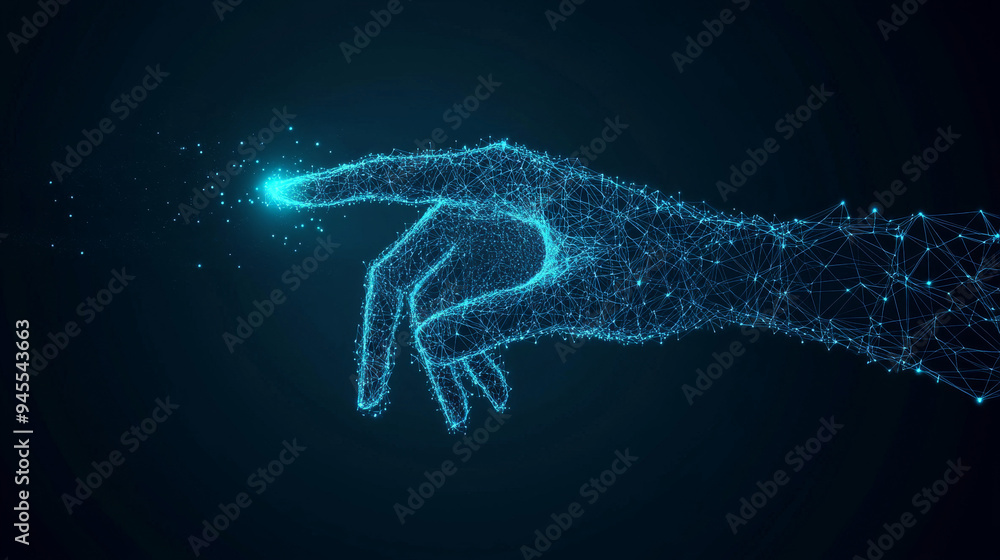 Abstract digital human hand reaching out to a glowing dot. Low-poly vector illustration set against a dark blue technological background. Features a light wireframe connection structure, representing Abstract digital human hand reaching out to a glowing dot. Low-poly vector illustration set against a dark blue technological background. Features a light wireframe connection structure, representing