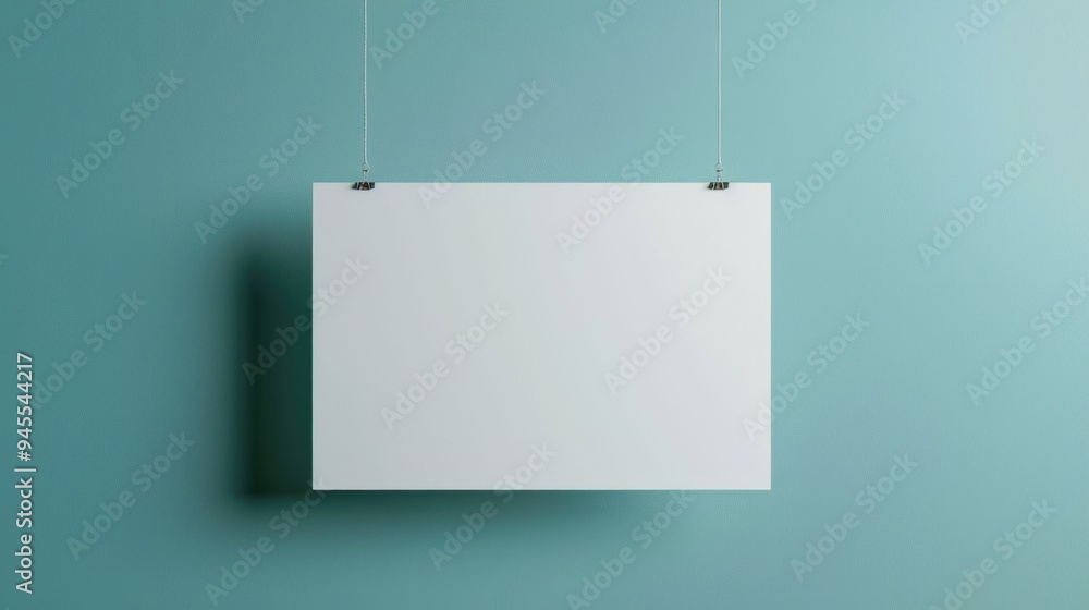 A white sign hangs on a blue wall A white sign hangs on a blue wall